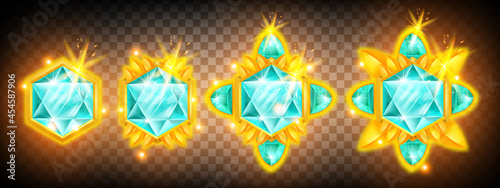Game gem vector crystal icon set, diamond UI jewel treasure illustration kit on transparent background. Magic achievement badge, royal stone trophy, sapphire gold star medal. Rating game gem assets