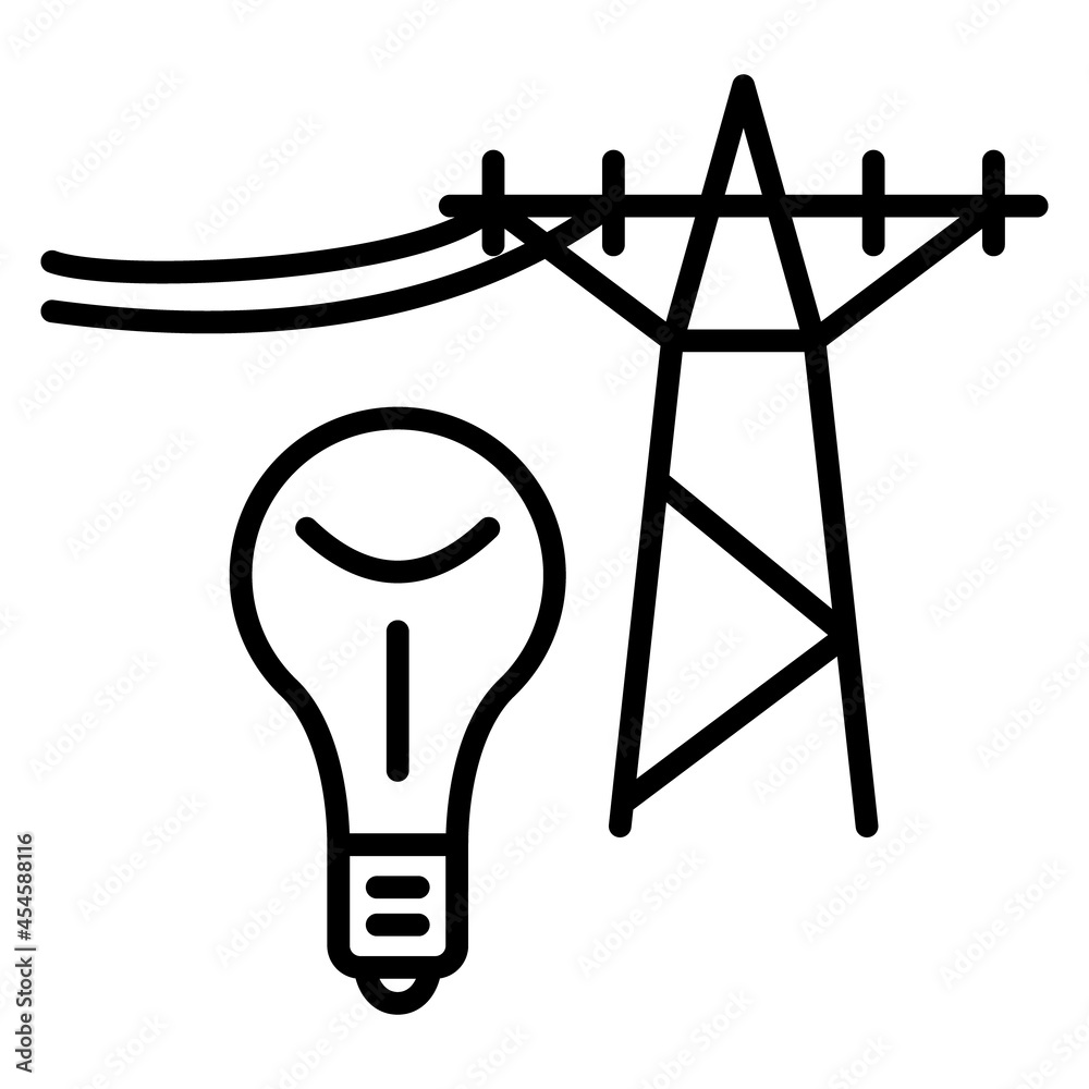 Types of energy - electricity, electric light bulb, high-voltage wire lines with a tower. Energy transfer. Icon, vector, outline, isolated, 48x48 pixel.