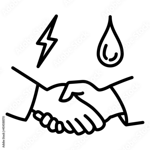 Business contract. Contract in the energy industry. A handshake. A symbol of oil, electricity. Types of energy. Icon, vector, outline, isolated, 48x48 pixel.