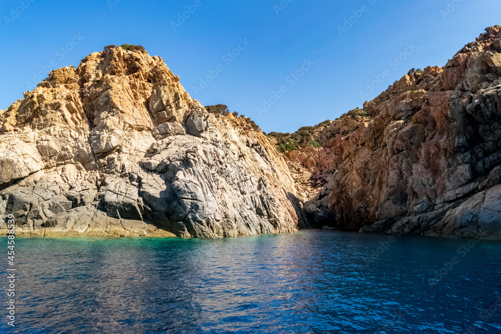 Beautiful view of the southern Sardinian sea from the boat. Note the particular rock formations.