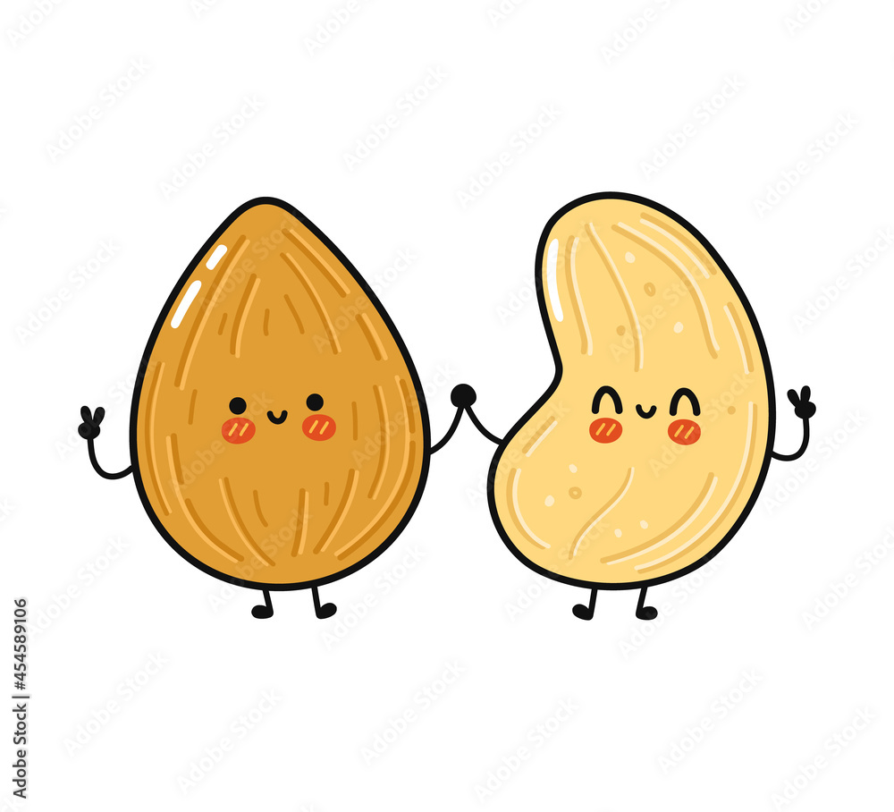 Fototapeta premium Cute, funny happy peanut and cashew character. Vector hand drawn cartoon kawaii characters, illustration icon. Funny cartoon peanut and cashew friends concept