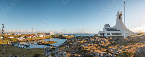 Church and residential houses in the village of Stykkisholmur, Iceland.