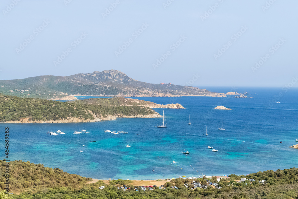 Panoramic view of the wonderful southern Sardinian coast, Teulada, Italy. Note the beautiful turquoise colors of the sea in contrast with the colors of the rocks and vegetation.
