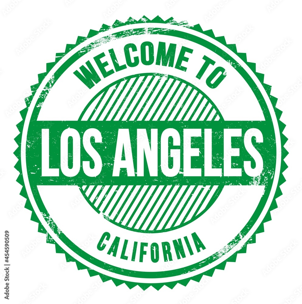 WELCOME TO LOS ANGELES - CALIFORNIA, words written on green stamp WELCOME TO LOS ANGELES - CALIFORNIA, words written on green stamp
