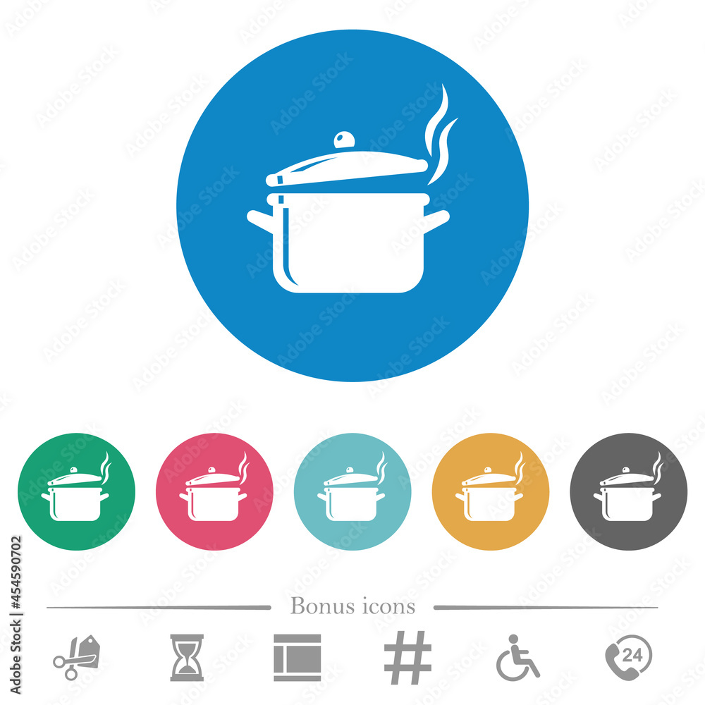 Steaming glossy pot with lid flat round icons Steaming glossy pot with lid flat round icons