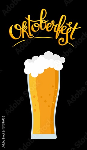 Oktoberfest banner. Handwritten inscription with the image of a beer mug with foam, pretzel and grilled sausage.