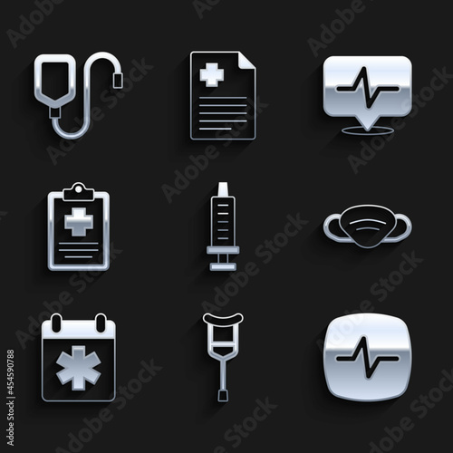 Set Syringe, Crutch or crutches, Heart rate, Medical protective mask, Doctor appointment, Patient record, and IV bag icon. Vector