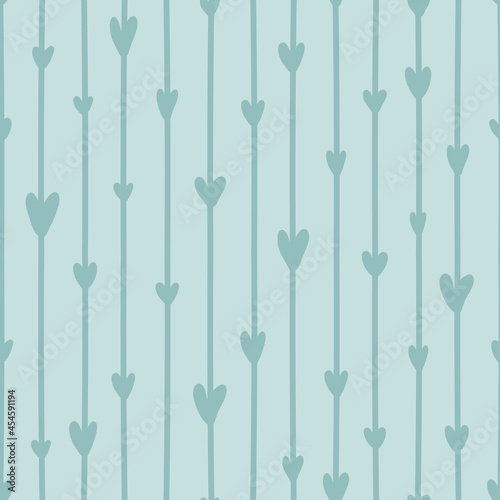 Valentine's Day seamless pattern with vertical stripes. A cute garland with tiny hearts on soft blue background.