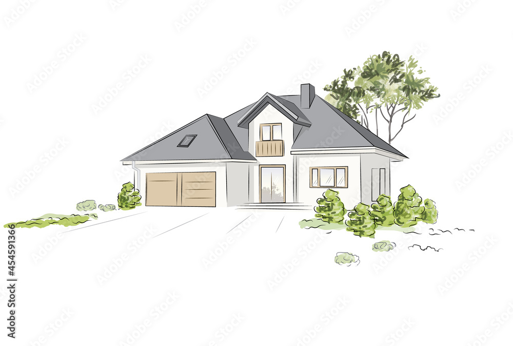 Architectural project exklusive detached house. Vector illustration. - obrazy, fototapety, plakaty 