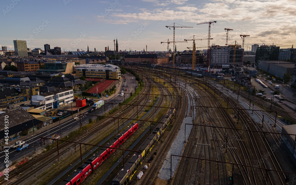 Beautiful aerial view of the Copenhagen Train station and railroad in the city 
