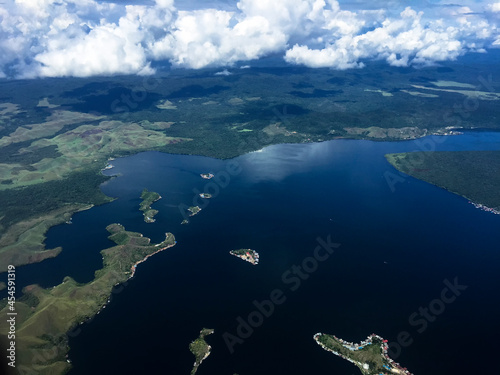 The aerial view of the islands of Jayapura, Papua, Indonesia. Shot from flying plane 