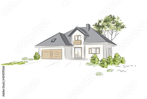 Architectural project exklusive detached house. Vector illustration.