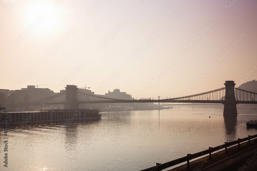 Chain Bridge morning panorama in Budapest. Hungary