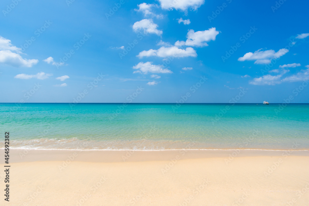 Phuket Thailand beach sea. Landscape view of beach sea and sand in summer sun. Beach space area background. At Patong beach, Phuket, Thailand. On 28 July 2021.