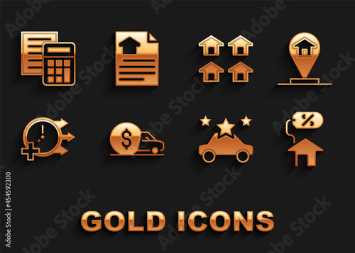 Set Car rental, Location house, House with percant, sharing, Clock, Real estate, Calculator and contract icon. Vector