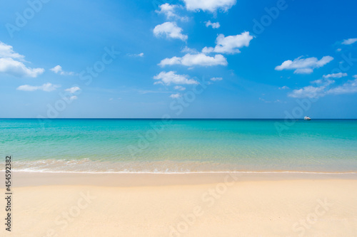 Fototapeta Naklejka Na Ścianę i Meble -  Phuket Thailand beach sea. Landscape view of beach sea and sand in summer sun. Beach space area background. At Patong beach, Phuket, Thailand. On 28 July 2021.