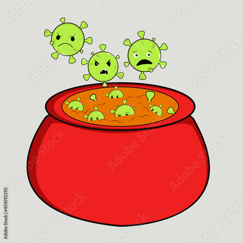 Evil bacteria or coronovirus bacteria boil in a cauldron on Halloween 