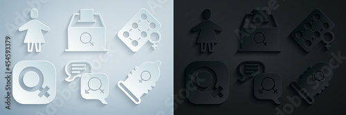 Set Gender equality, Packaging of birth control pills, Female gender, Condom, vote right and icon. Vector
