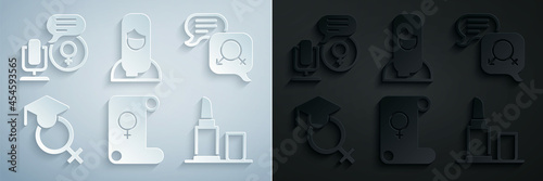 Set Feminism, Gender equality, Teacher, Lipstick, Muslim woman hijab and Microphone icon. Vector
