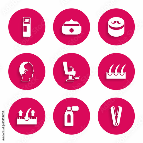 Set Barbershop chair, Aftershave with atomizer, Curling iron for, Human follicle, Baldness, Gel wax styling and Shaving gel foam icon. Vector