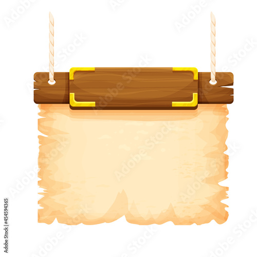 Wood frame, banner with gold details, old parchment and rope in cartoon style isolated on white background. Ancient signboard. Ui game asset