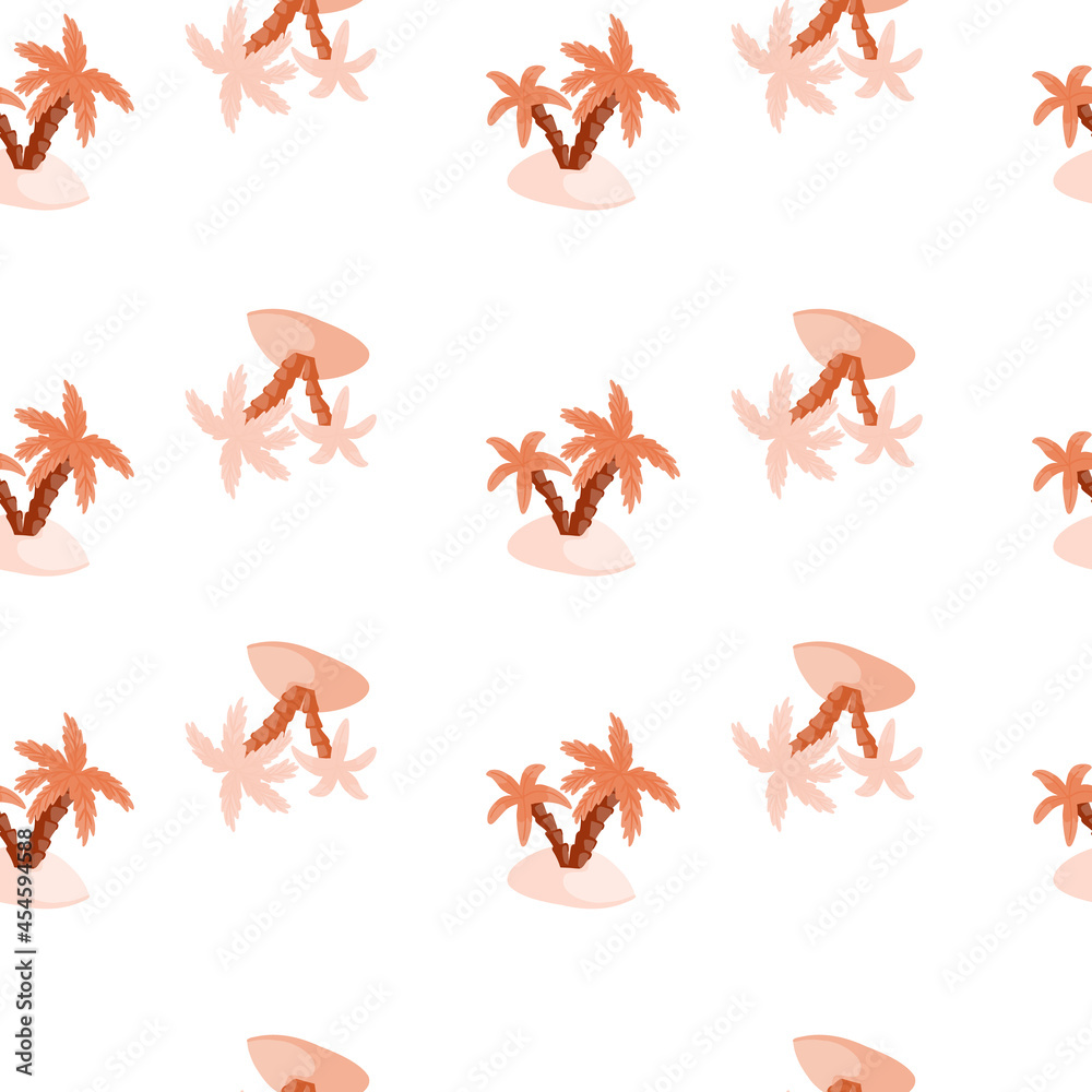 Isolated seamless pattern with pink pastel doodle island and palm tree ornament. White background. Isolated seamless pattern with pink pastel doodle island and palm tree ornament. White background.