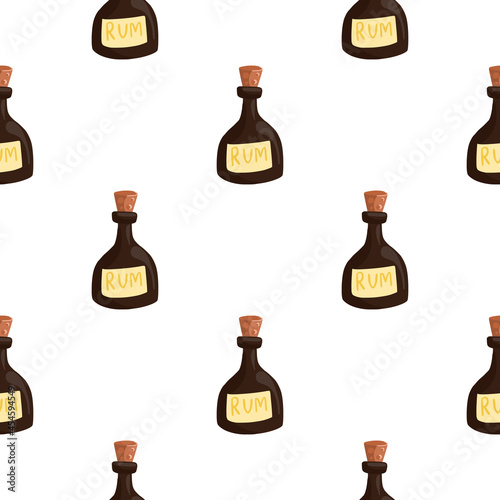 Isolated doodle seamless pattern with brown rum bottle elements. White background. Pub drink backdrop.