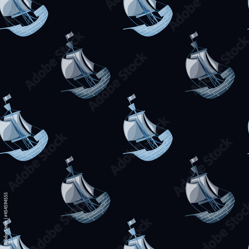 Dark seamless doodle pattern with decorative sailbot ship shapes. Black background. Ocean style. photo