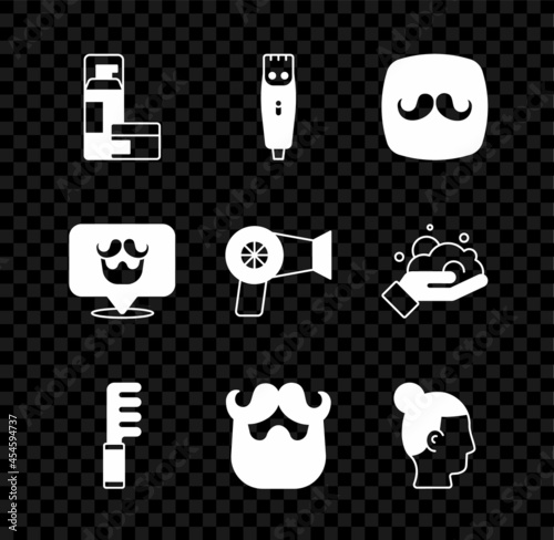 Set Shaving gel foam, Hair clipper, Barbershop, Hairbrush, Mustache and beard, Hairstyle for men, and dryer icon. Vector