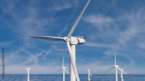 Wind Power. Offshore Wind Turbines on a Hazy Morning. Environmental Energy Concept.