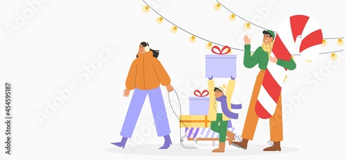 Flat vector illustration with happy woman is carrying gifts on a sleigh and man holding a candy cane. Concept of Christmas and New Year celebrations web banner, greeting card.