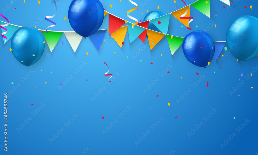 Blue ballon and colorful ribbon Happy Birthday celebration card banner  template background Stock Illustration | Adobe Stock