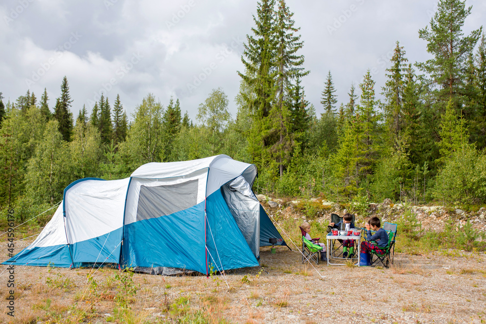 Happy family with three kids, wild camping in Norway summertime