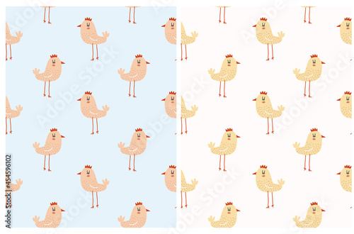 Cute Hand Drawn Semaless Vector Patterns with Little Chickens. Lovely Repeatable Print with Yellow Birds on a Pastel Blue and Off-WhiteBackground. Infantile Style Easter Patterns. 