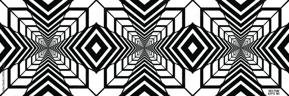 Abstract Black and White Geometric Pattern with Stripes. Tunnel in Perspective. Contrasty Optical Psychedelic Illusion. Starlike Wicker Texture. Vector. 3D Illustration