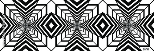 Abstract Black and White Geometric Pattern with Stripes. Tunnel in Perspective. Contrasty Optical Psychedelic Illusion. Starlike Wicker Texture. Vector. 3D Illustration