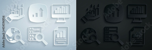 Set Server, Monitor with graph chart, Search globe, Document, Financial growth and icon. Vector