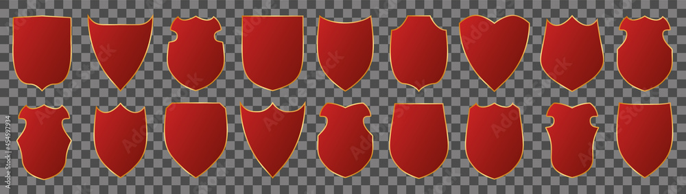 set of red shield icons with gold frame on transparent background Stock ...