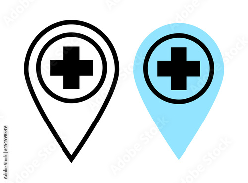 Hospital location icon. Location of the medical facility. Clinic coordinates. Pharmacy location. Black and blue line illustration. Simple vector icon.