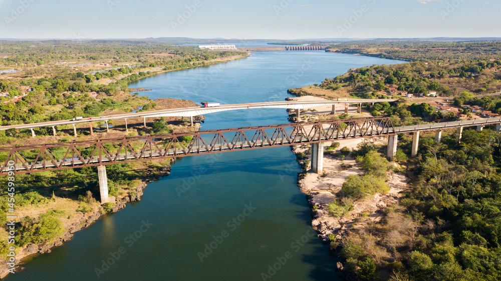 Aerial view of the bridges in Estreito, Maranhão, Brazil. North South railroad railroad bridge in Estreito MA