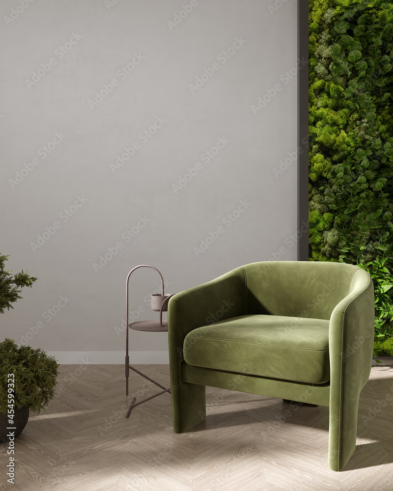 Green armchair and coffee table in living room interior with moss wall and plant, light beige wall, 3d rendering