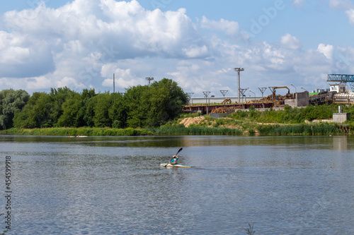 Athletes train in kayaking on the river