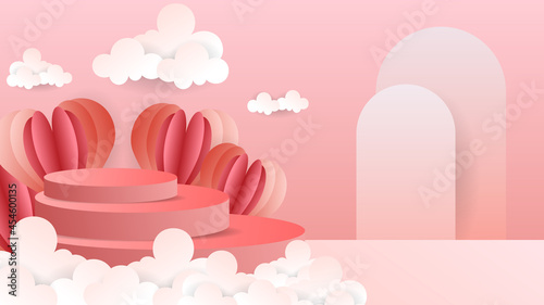 Abstract backdrop for product display,Three podiums with hearts and clouds on a pink background , 3d podium for presentation , illustration 3d Vector EPS 10 © NARANAT STUDIO