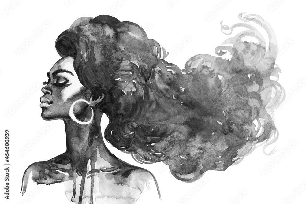 Fototapeta premium Watercolor curly african woman with long hair. Hand drawn portrait of pretty lady on white background. Side view. Painting fashion black and white illustration.