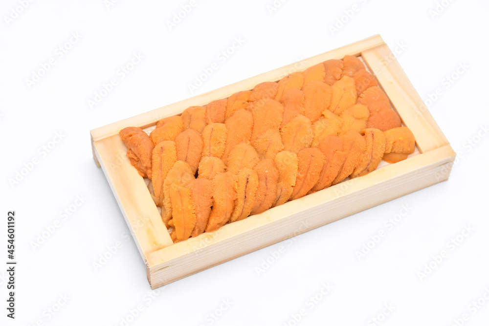 Sea urchin egg in white background box Best Japanese food Sea urchin egg in white background box Best Japanese food