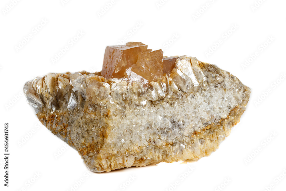 Macro mineral stone Scheelite on a white background Macro mineral stone Scheelite on a white background