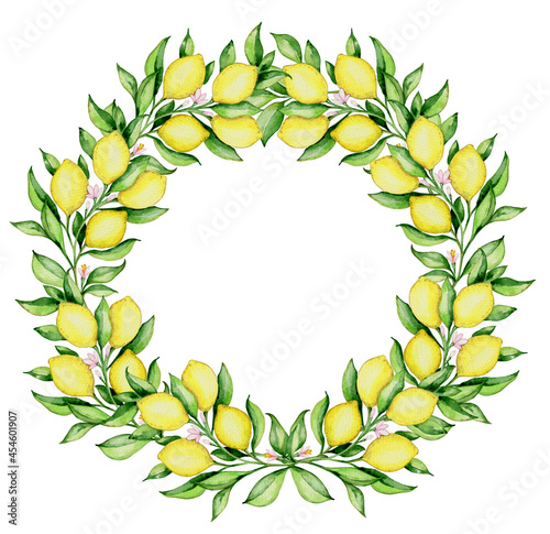 Watercolor round floral frame with lemons