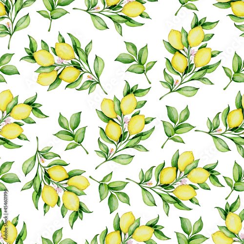 Watercolor seamless pattern with lemons and green leaves