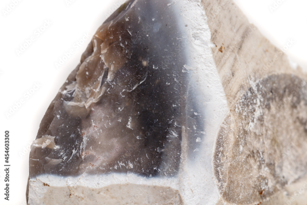 Macro mineral stone Flint in the rock on a white background Macro mineral stone Flint in the rock on a white background