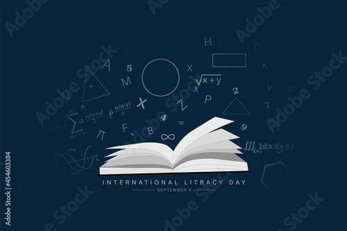 Vector Illustration of International literacy day. 8 September. Open book and scattered letters, graphs, shapes and symbols. photo